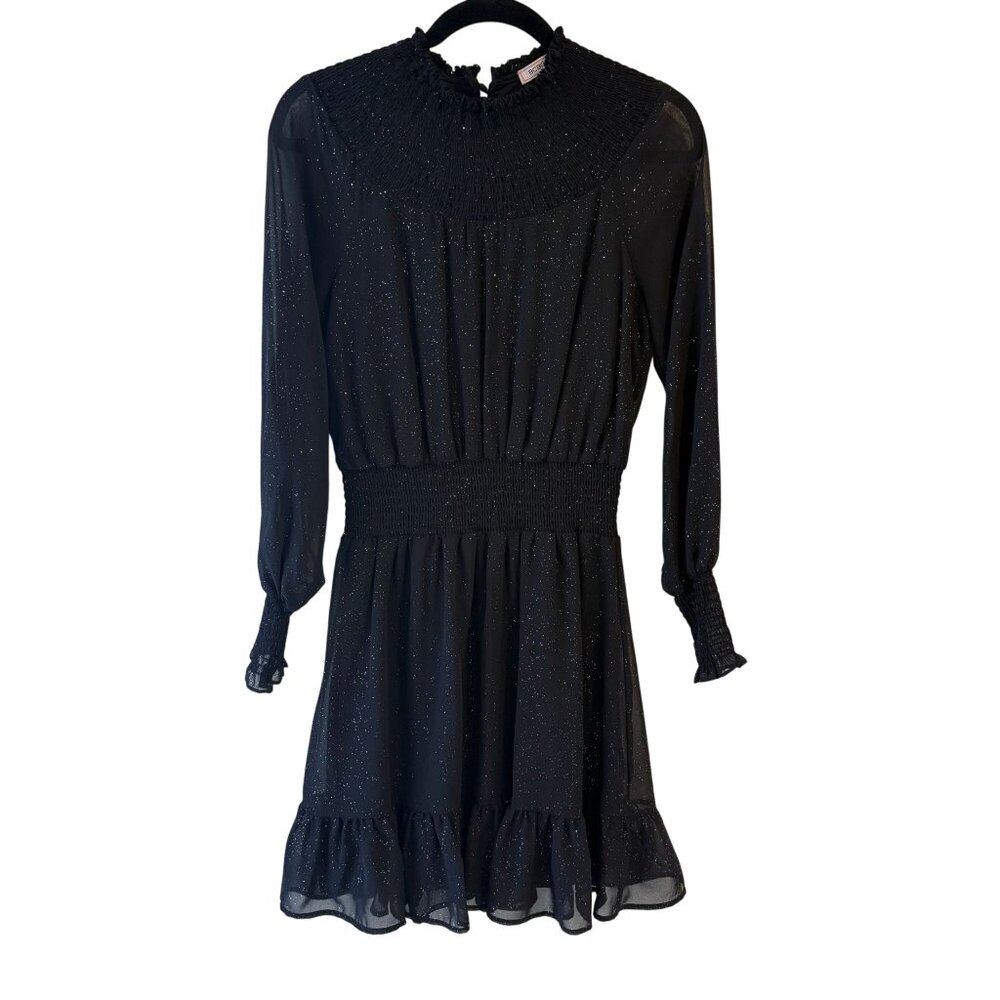 BCBGeneration Black Metallic Long Sleeve High Neck Smocked Waist Mini Dress 4